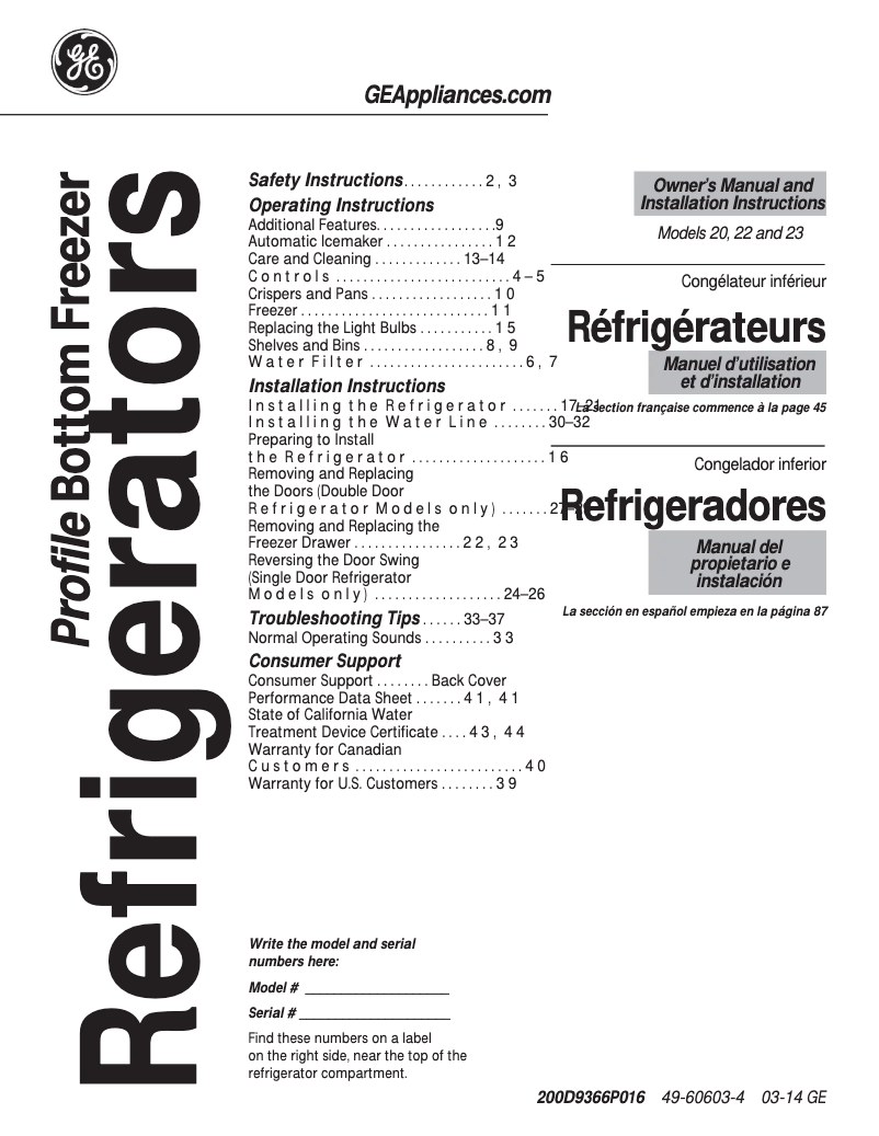 Page n°1 - Mode d'emploi GE GNS23GGHWW