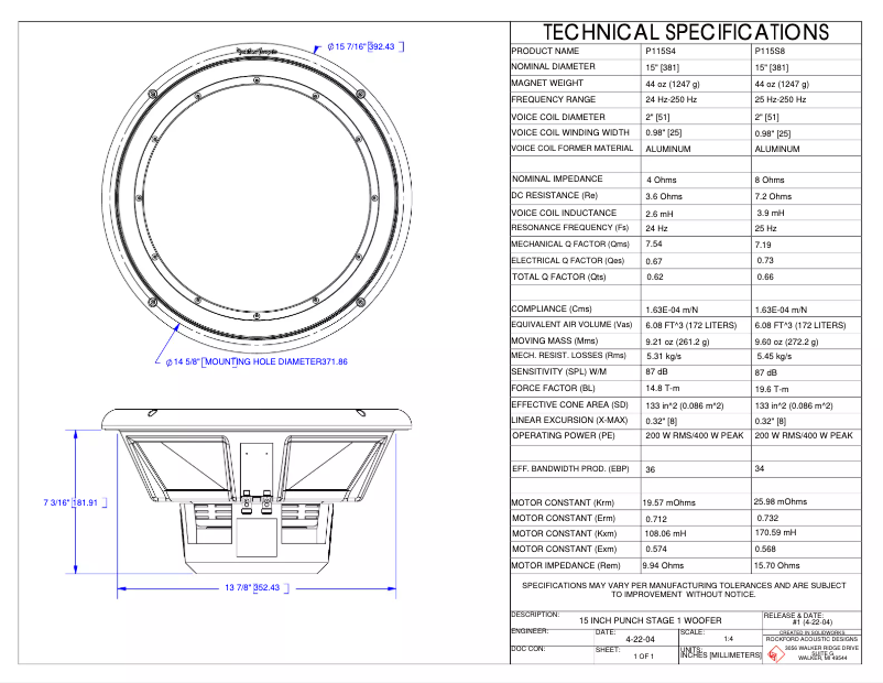 Page 1 de la notice Fiche technique Rockford Fosgate Punch P115S8