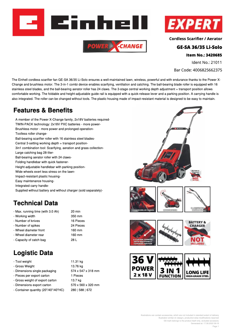 Page n°1 - Fiche technique Einhell GE-SA 36/35 Li