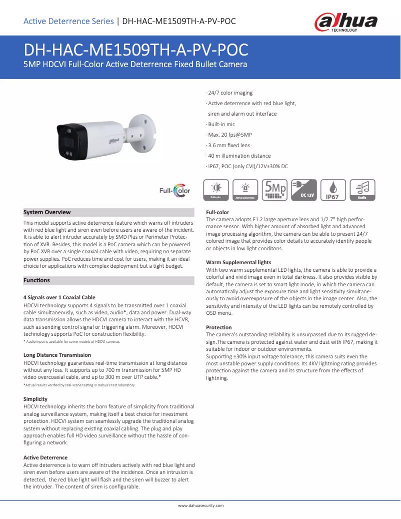 Page 1 de la notice Fiche technique Dahua Technology HAC-ME1509TH-A-PV-POC
