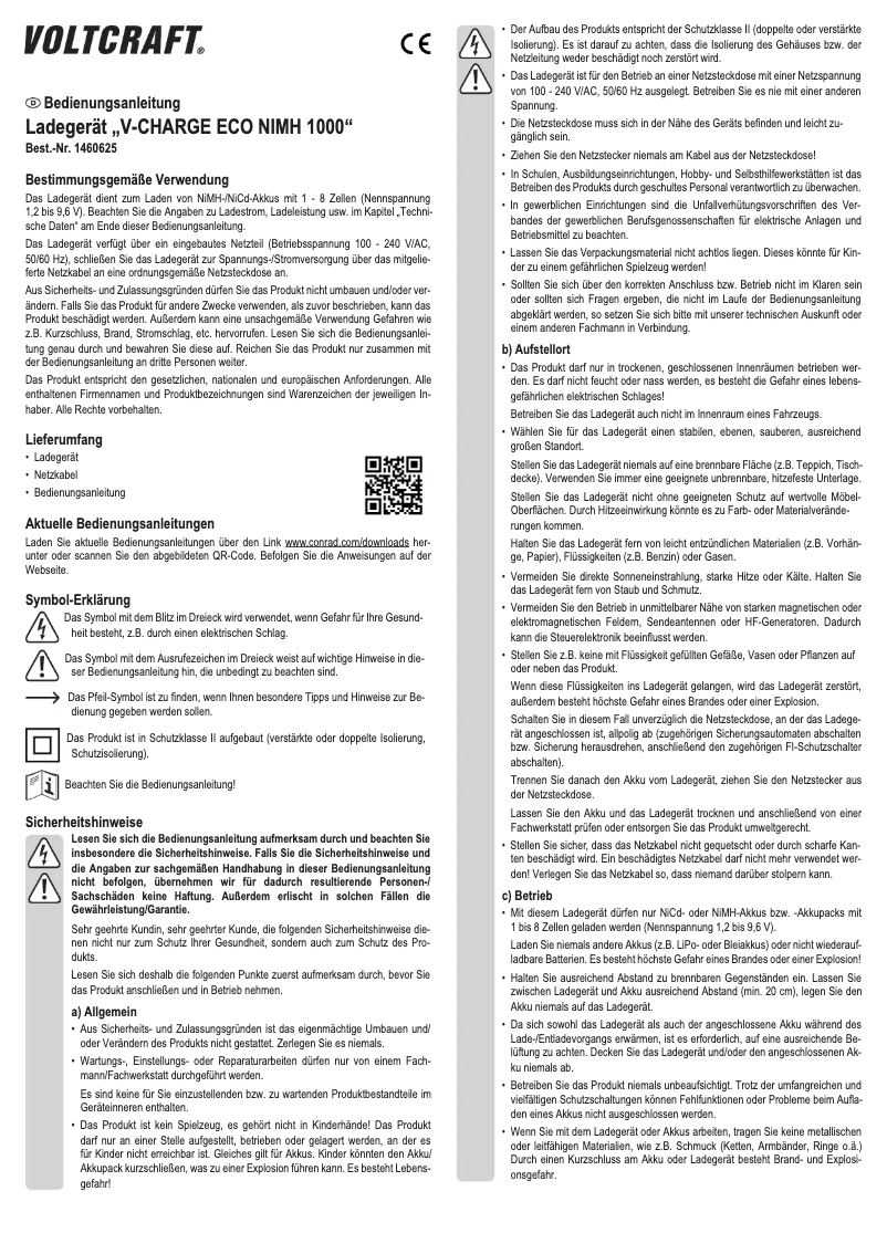 Page 1 de la notice Manuel utilisateur Voltcraft V-Charge ECO NIMH 1000
