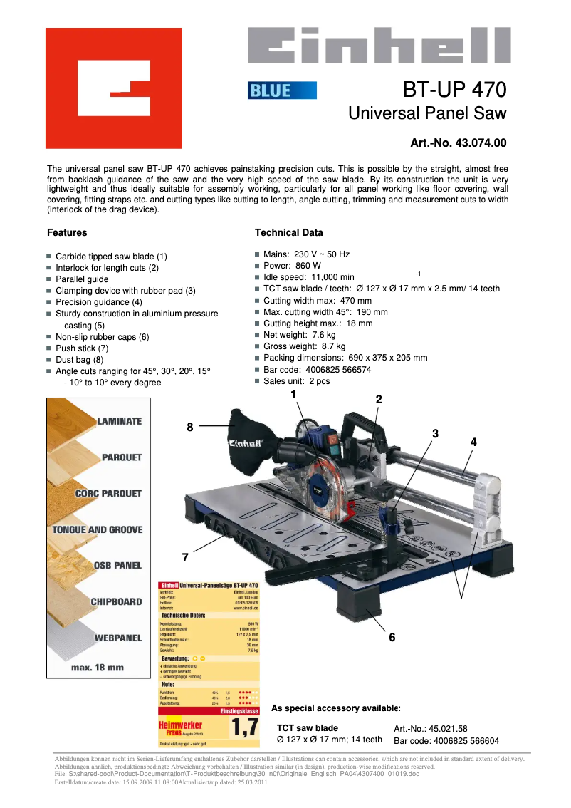 Page 1 de la notice Manuel utilisateur Einhell BT-UP 470