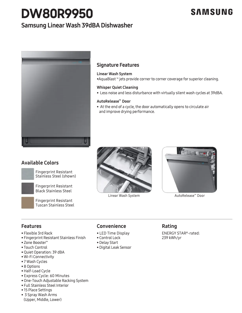 Page 1 de la notice Fiche technique Samsung DW80R9950US