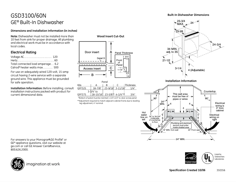 Page n°1 - Fiche technique GE GSD3100NWW