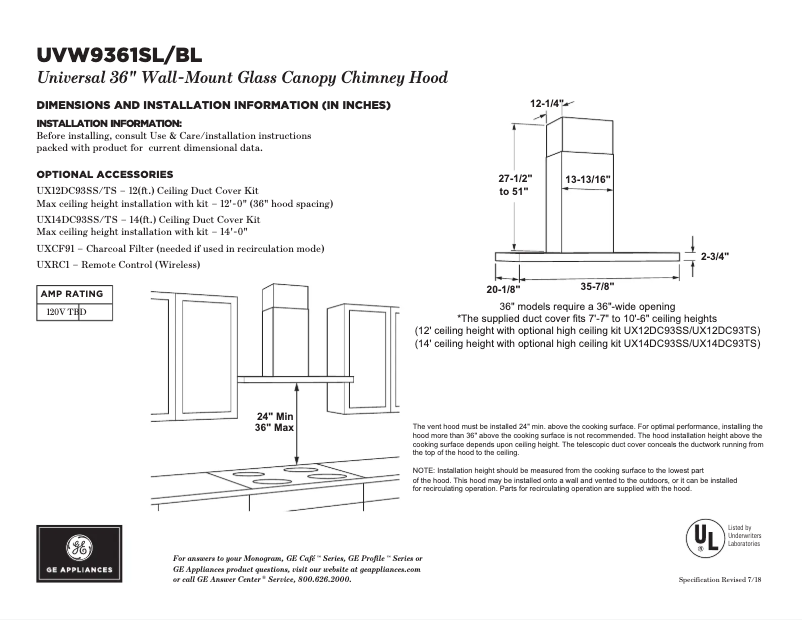 Page 1 de la notice Fiche technique GE UVW9361BLTS