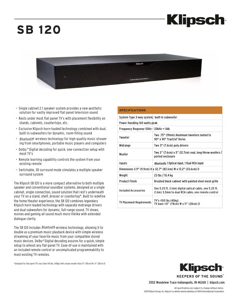 Page 1 de la notice Fiche technique Klipsch SB 120