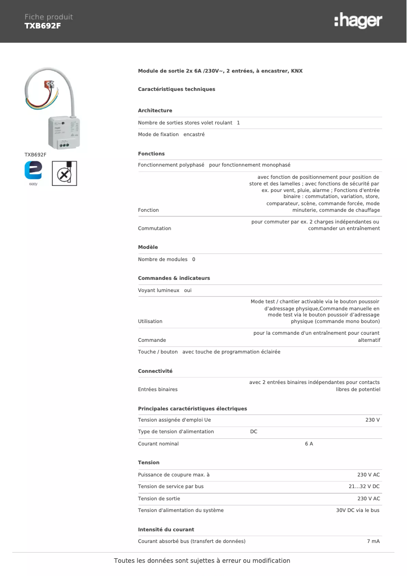 Page n°1 - Fiche technique Hager TXB692F