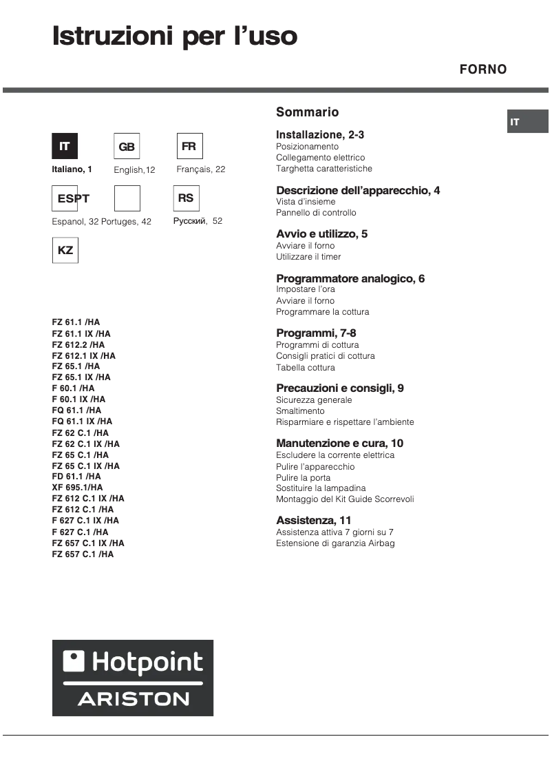 Page 1 de la notice Manuel utilisateur Hotpoint Ariston FD 61.1 (ICE)/HA