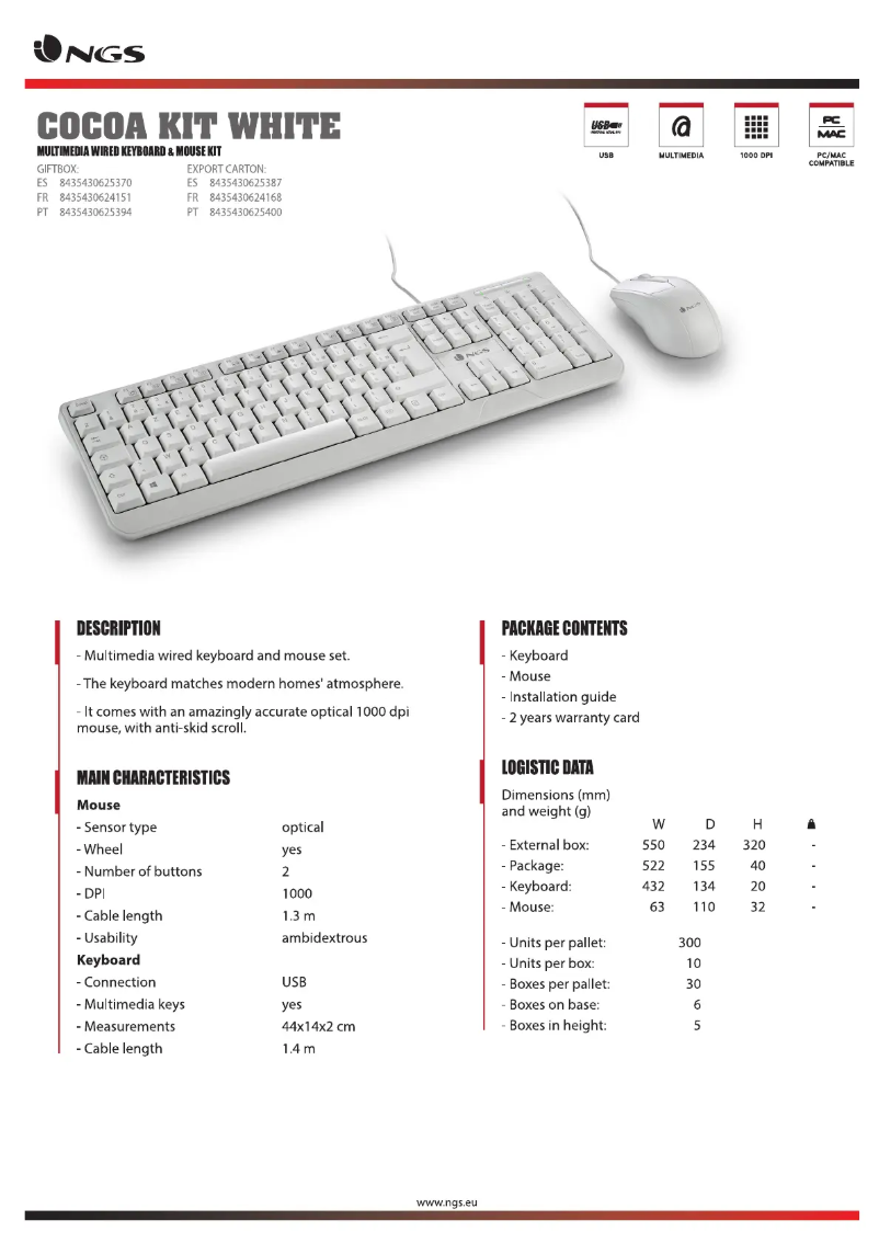 Page 1 de la notice Fiche technique NGS Cocoa Kit