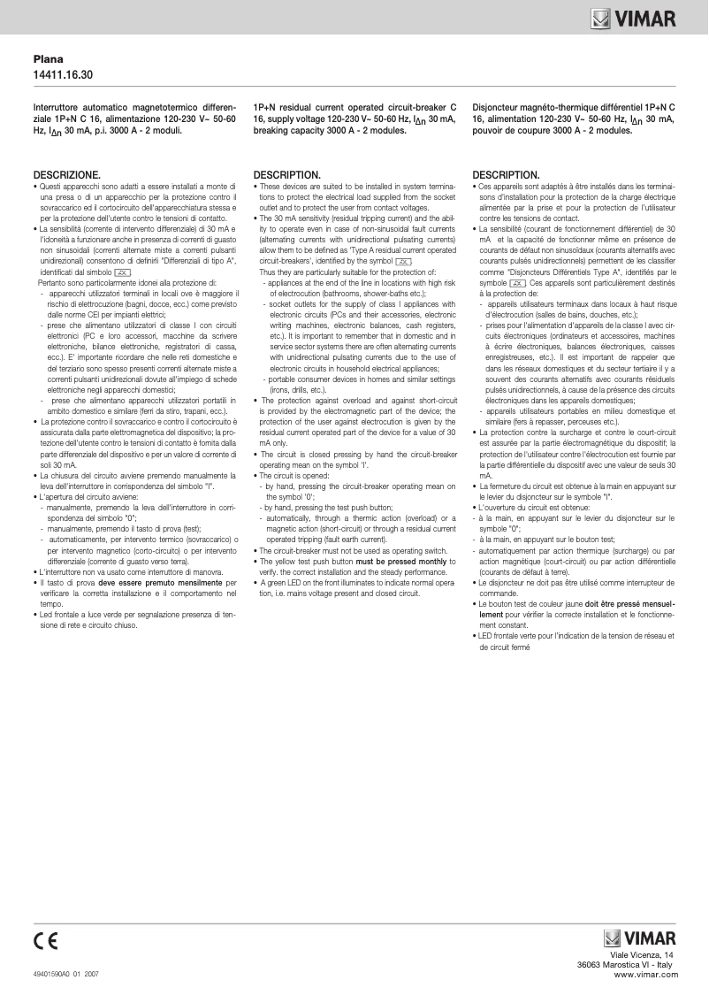 Page n°1 - Manuel utilisateur Vimar 14411.16.30