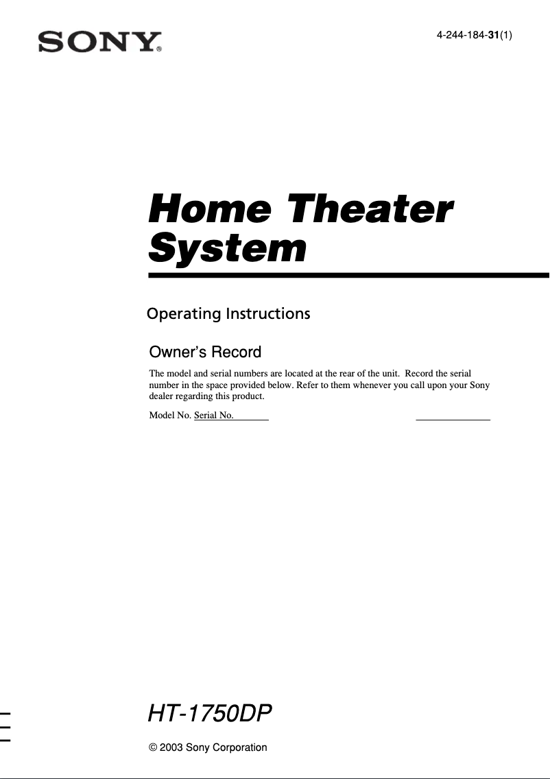 Página 1 del manual Manual de usuario Sony HT-1750DP