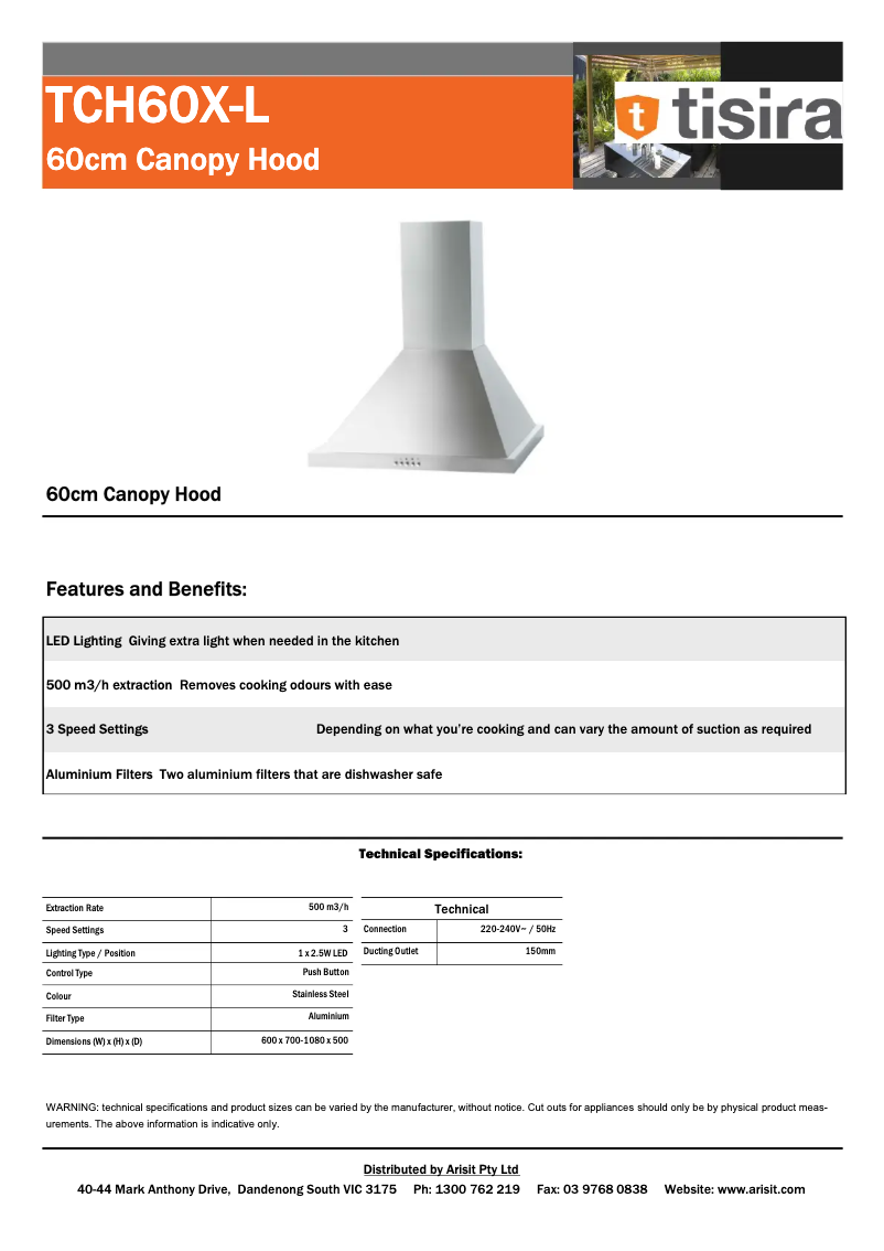 Page 1 de la notice Fiche technique Tisira TCH60X