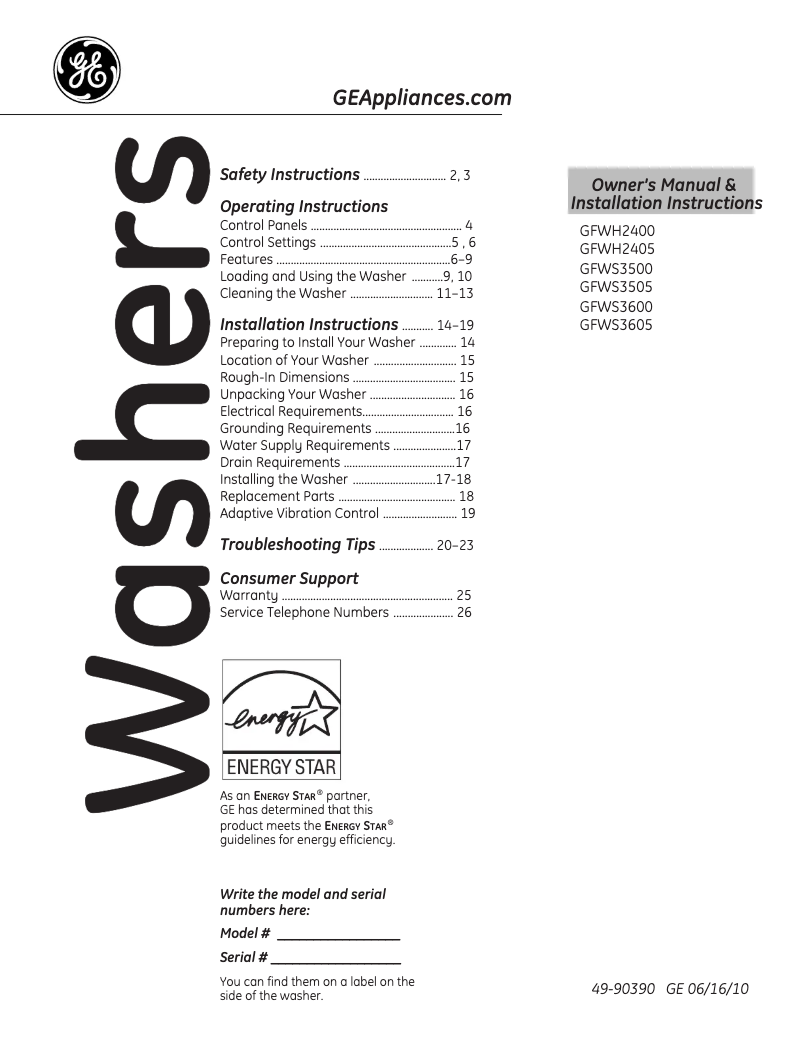 Page n°1 - Manuel utilisateur GE GFWH2405LMS