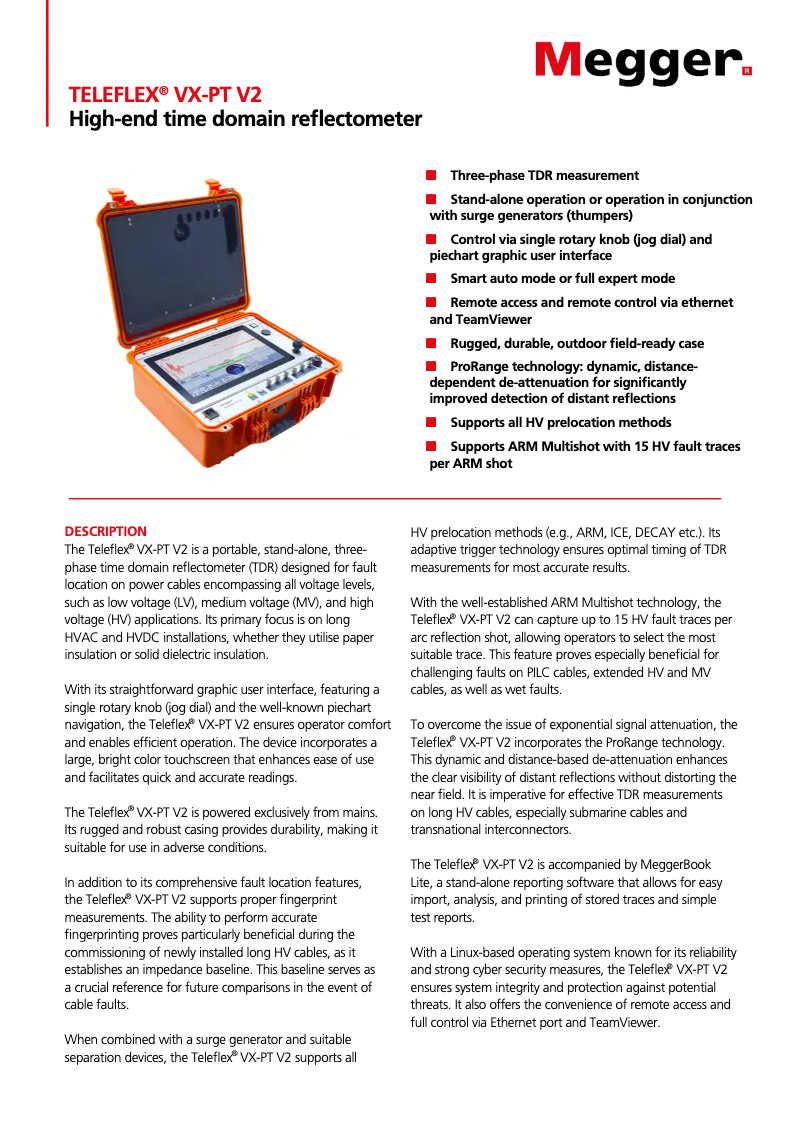 Page 1 de la notice Fiche technique Megger Teleflex VX