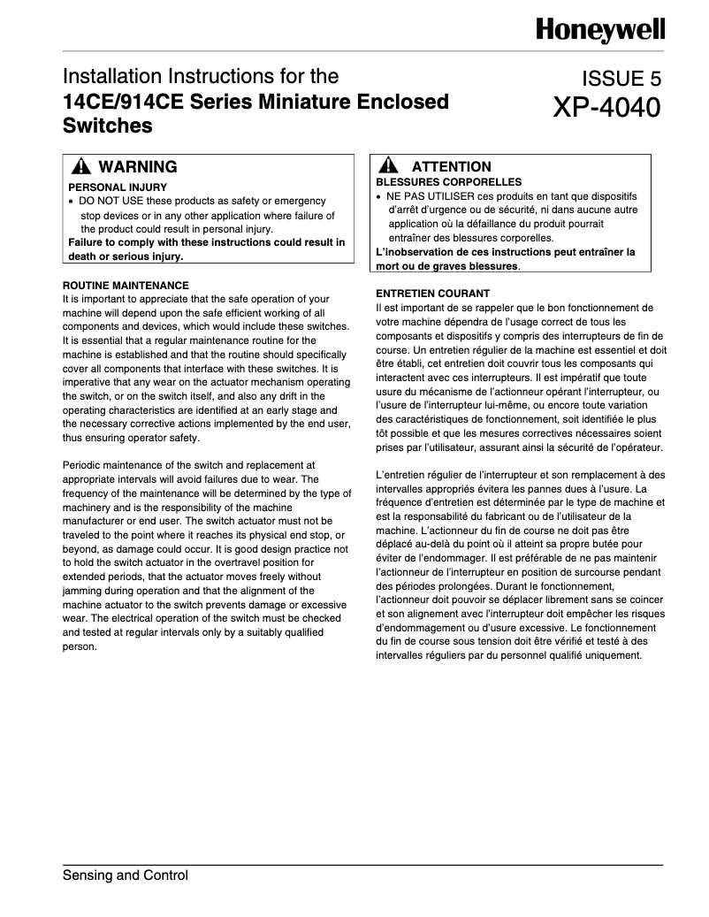 Page 1 de la notice Manuel utilisateur Honeywell 14CE18-6AH