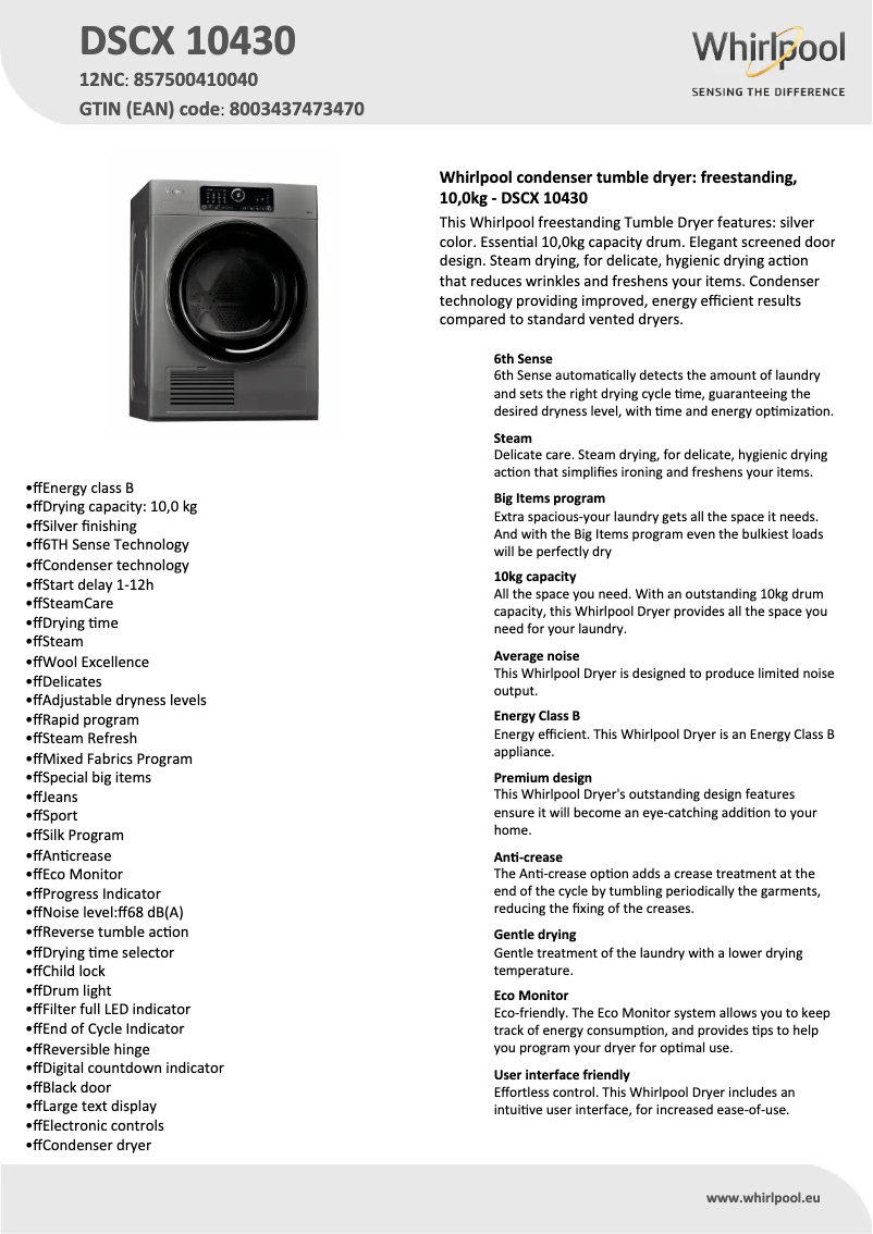 Page n°1 - Fiche technique Whirlpool DSCX 10430