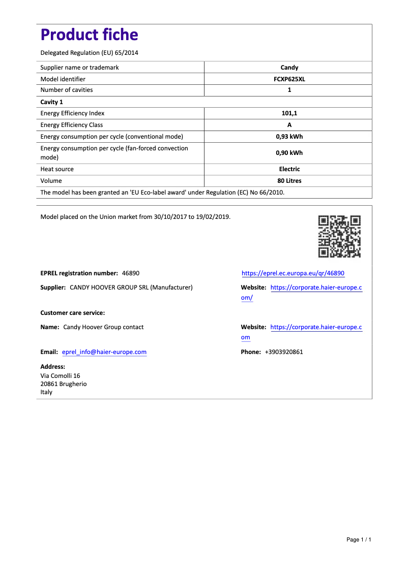 Page 1 de la notice Manuel utilisateur Candy FCXP625XL