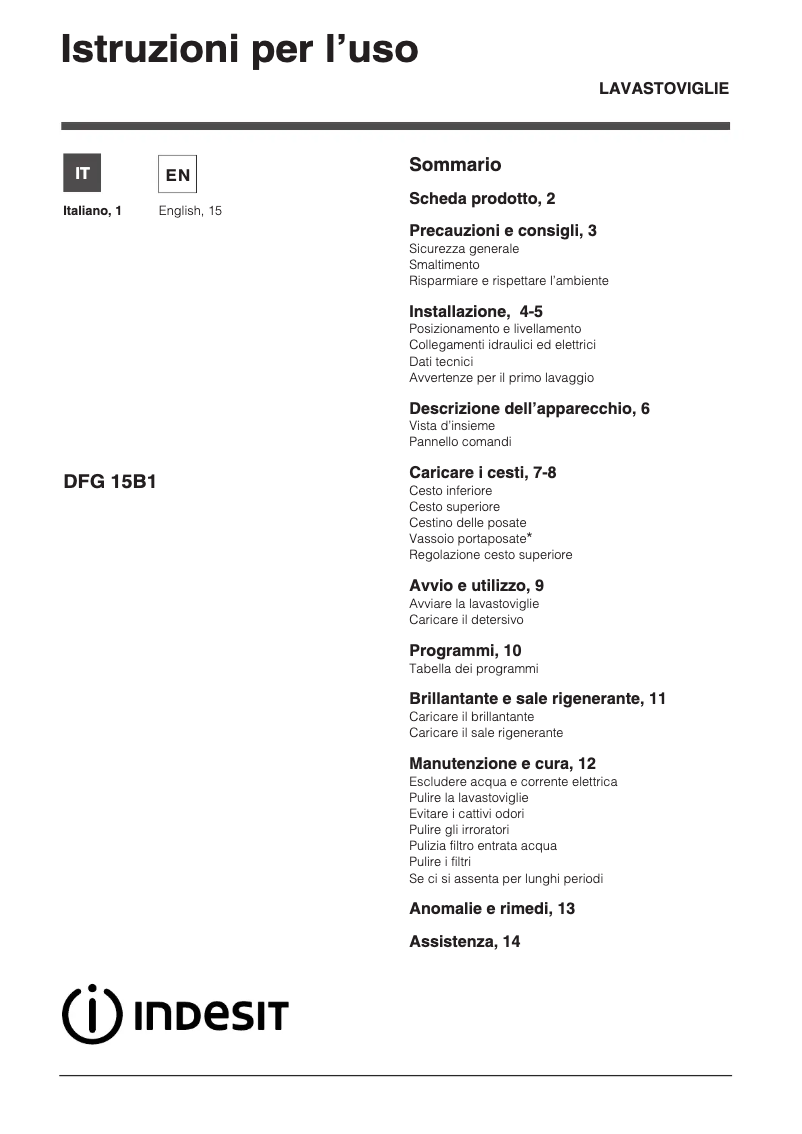 Page 1 de la notice Manuel utilisateur Indesit DFG 15B1 S IT