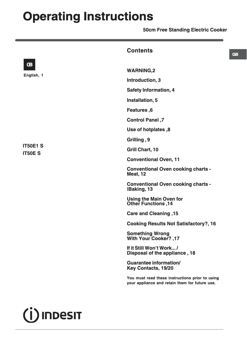 Page n°1 - Manuel utilisateur Indesit IT50E1XX S