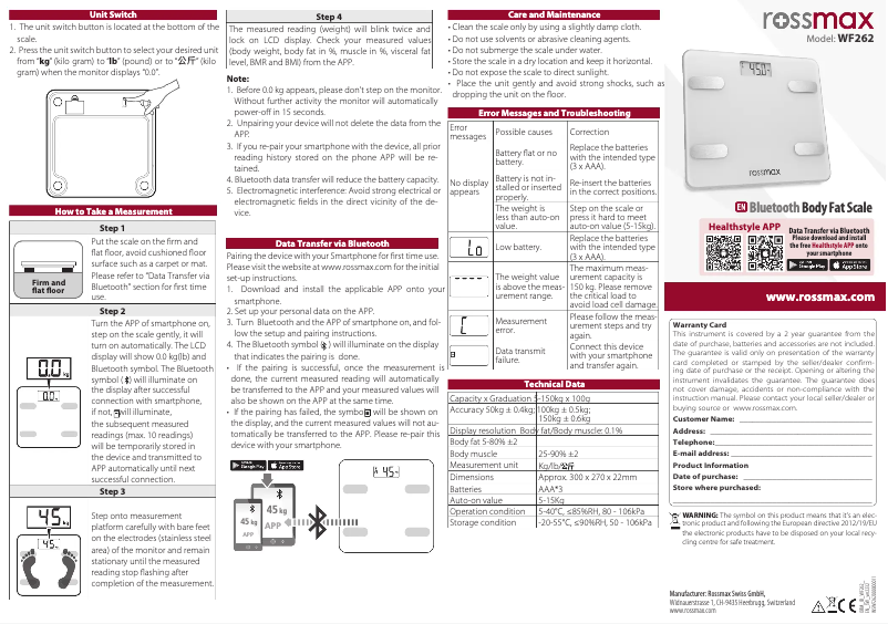 Page 1 de la notice Manuel utilisateur Rossmax WF262