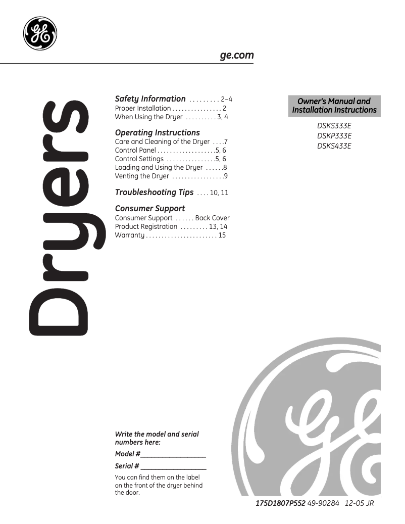 Page 1 de la notice Manuel utilisateur GE Spacemaker 3.6 cu DSKS433EBWW