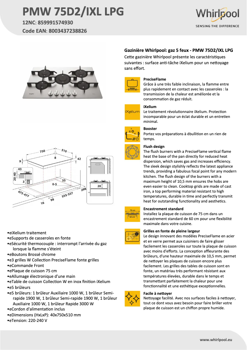 Page 1 de la notice Fiche technique Whirlpool PMW 75D2/IXL
