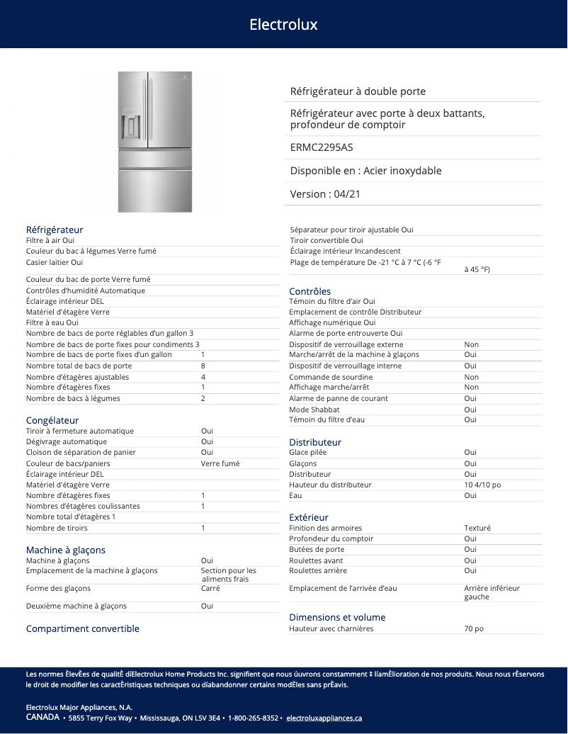 Page n°1 - Fiche technique Electrolux ERMC2295AS
