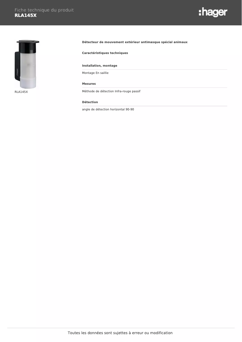 Page 1 de la notice Fiche technique Hager RLA145X