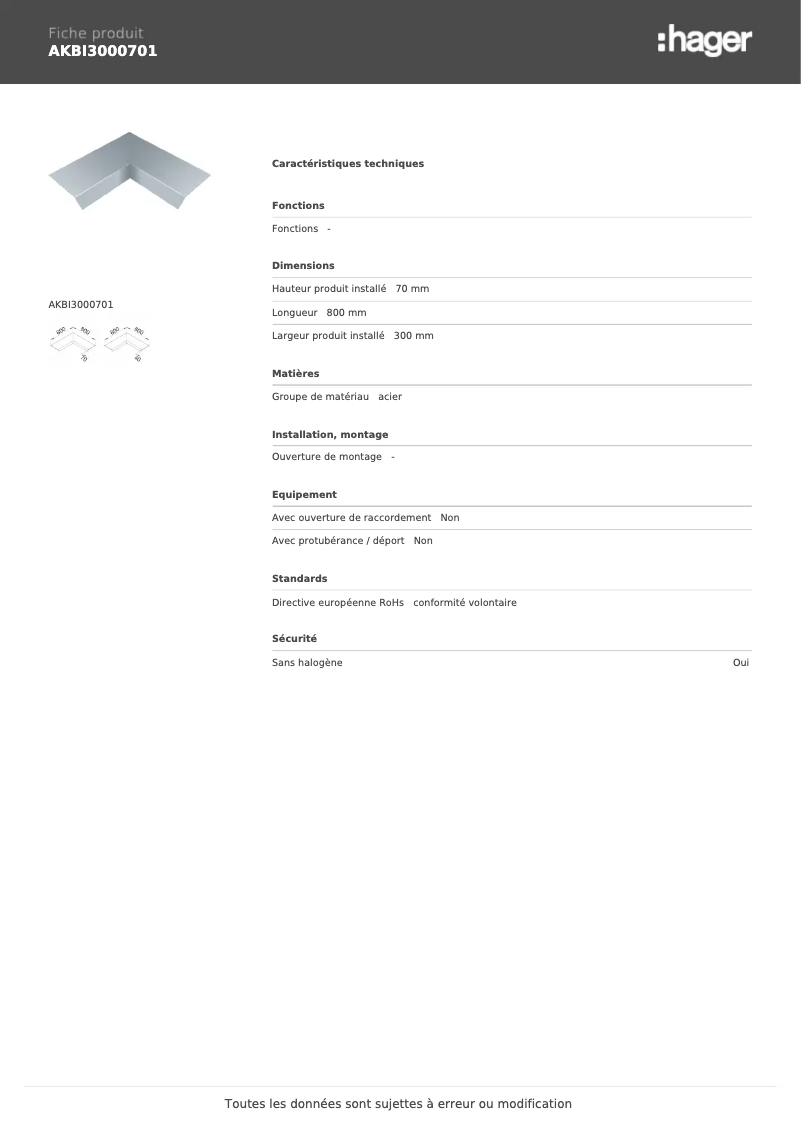 Page 1 de la notice Fiche technique Hager AKBI3000701