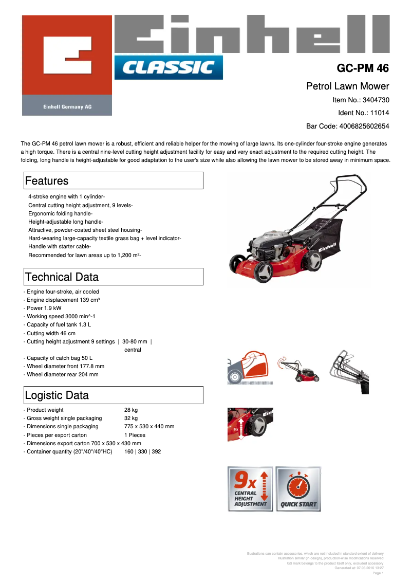 Page n°1 - Fiche technique Einhell GC-PM 46