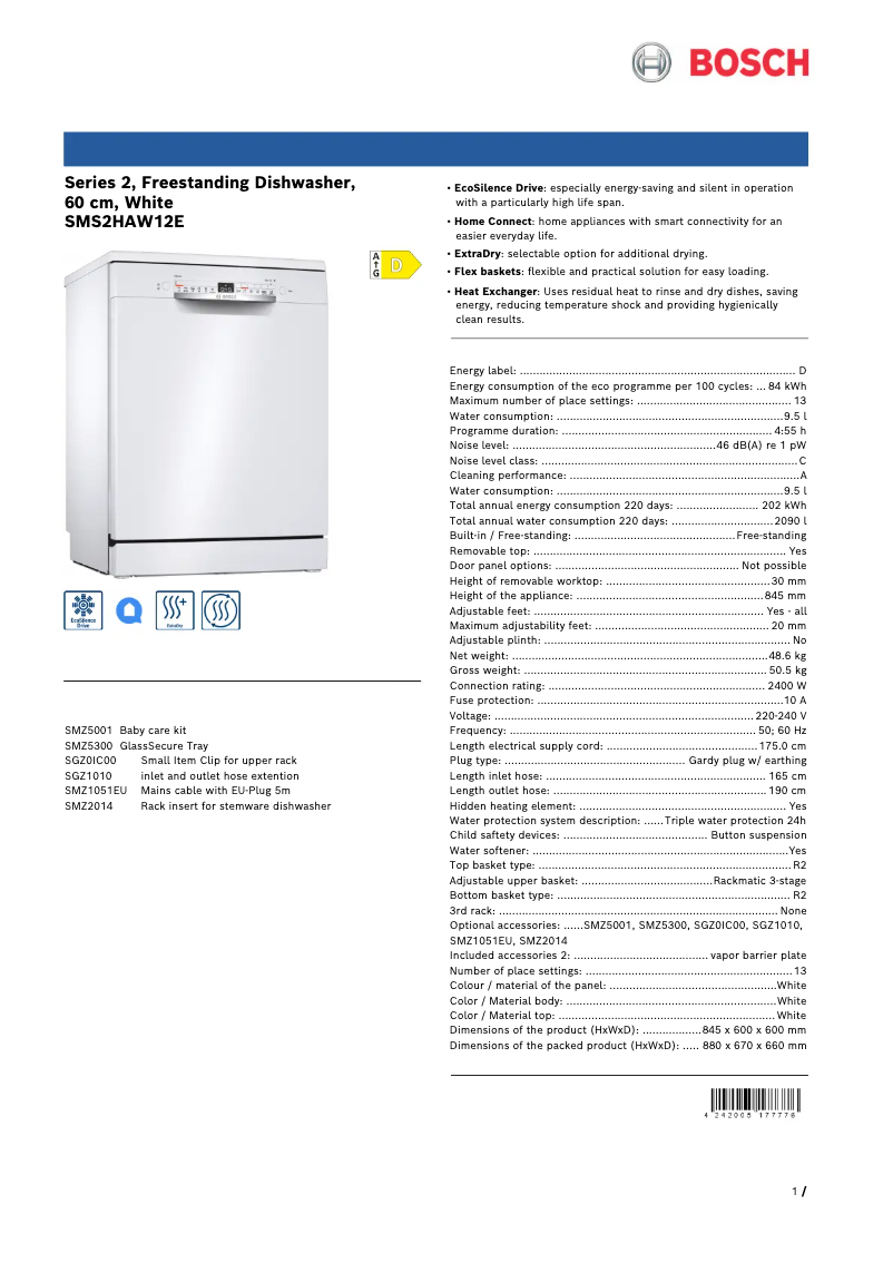 Page 1 de la notice Fiche technique Bosch SMS2HAW12E