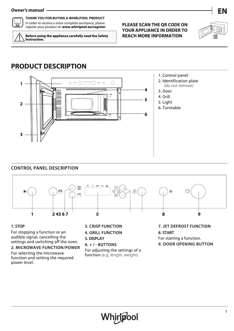 Page 1 de la notice Manuel d'utilisation et d'entretien Whirlpool AMW 442/IX