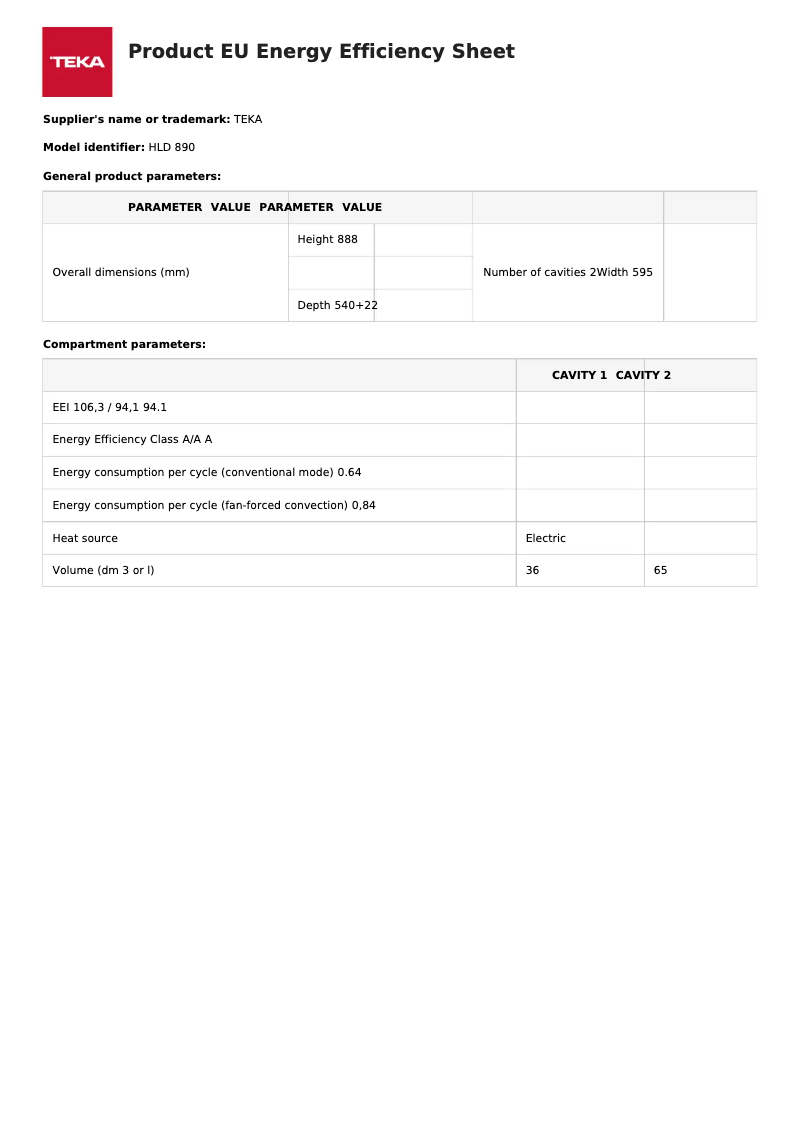 Page n°1 - Fiche technique Teka HLD 890