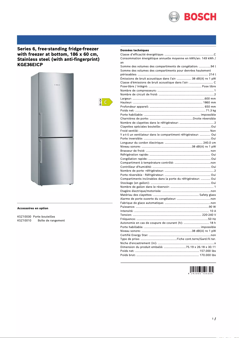 Page n°1 - Fiche technique Bosch KGE36EICP