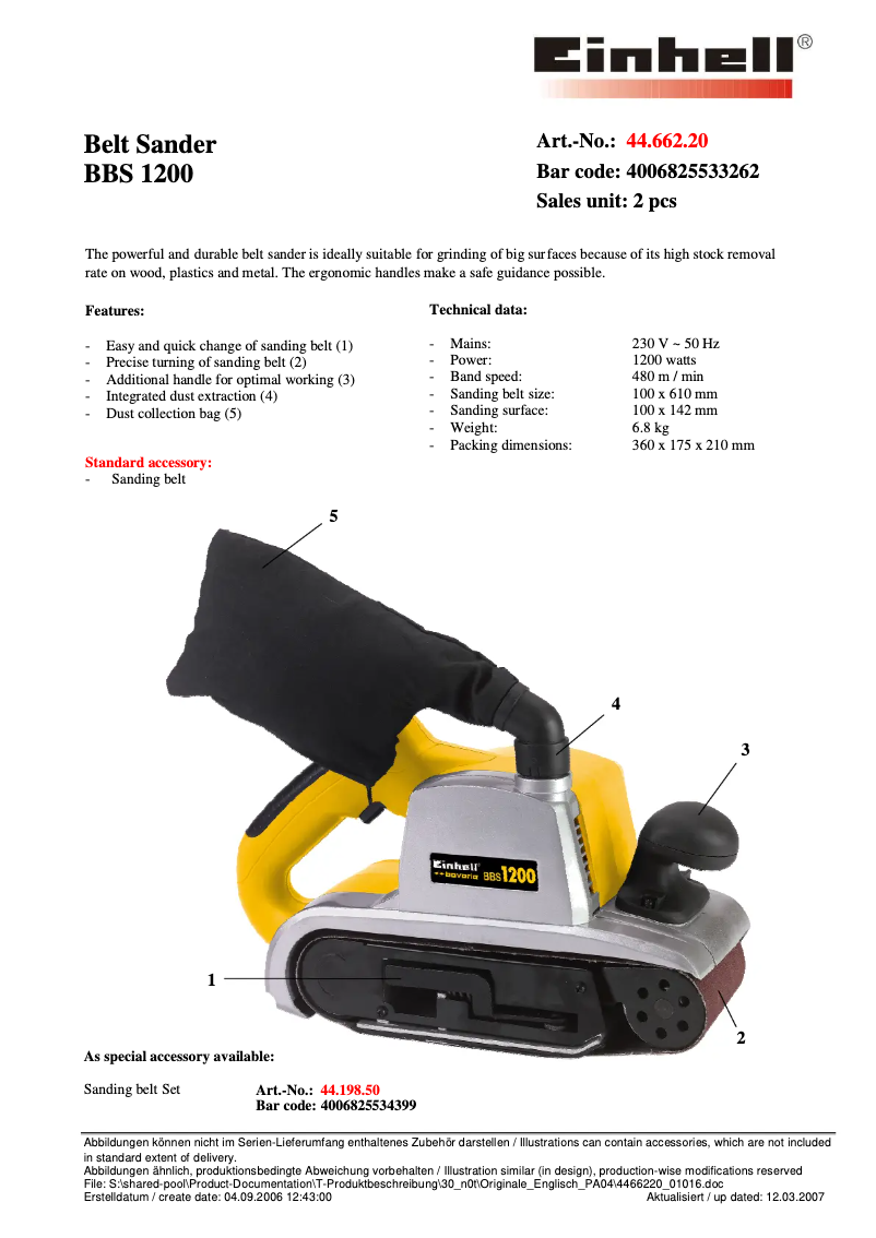 Page 1 de la notice Manuel utilisateur Bavaria by Einhell BBS 1200