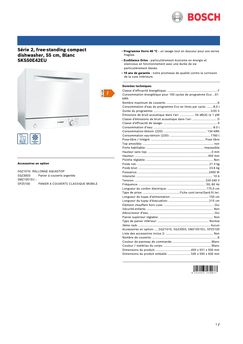 Page n°1 - Fiche technique Bosch SKS50E42EU