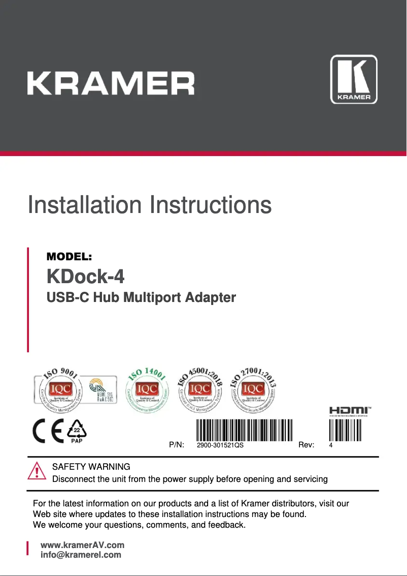 Page n°1 - Manuel utilisateur Kramer KDock-4