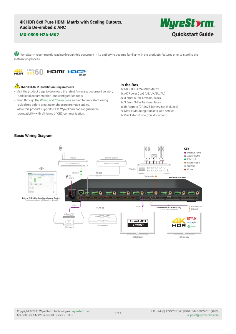 Page 1 de la notice Manuel utilisateur WyreStorm MX-0808-H2A