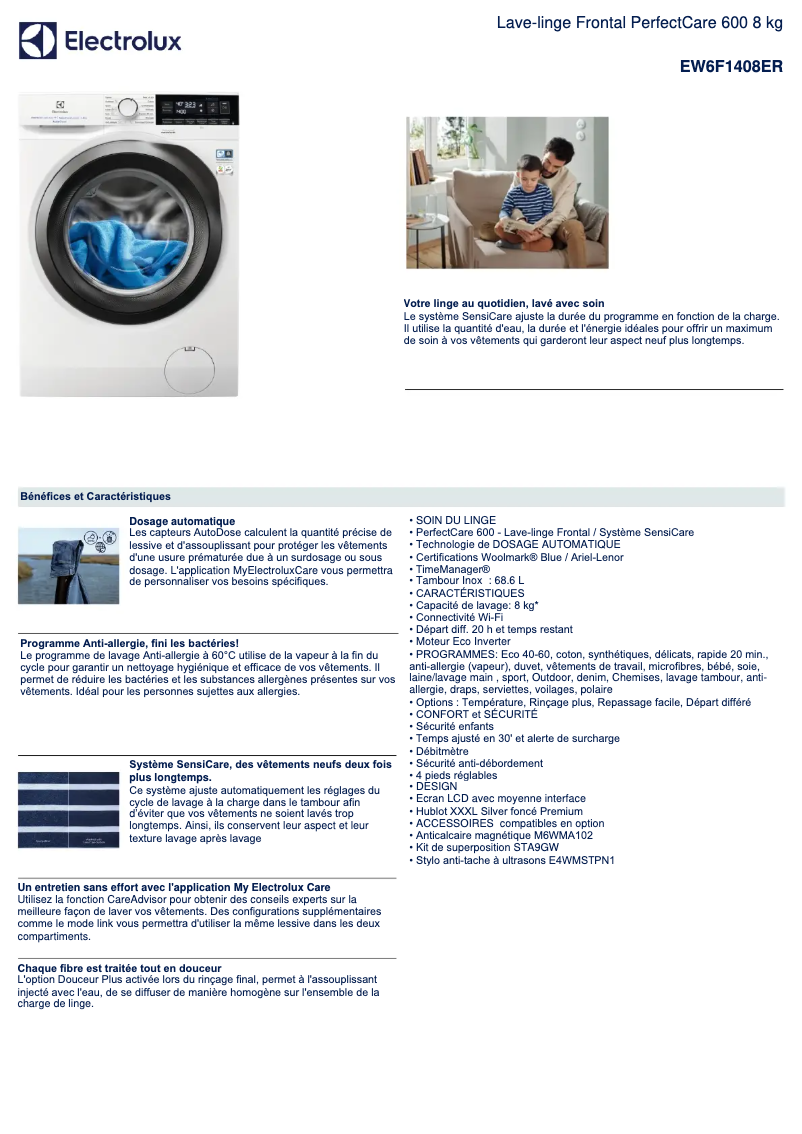 Page 1 de la notice Fiche technique Electrolux EW6F1408ER