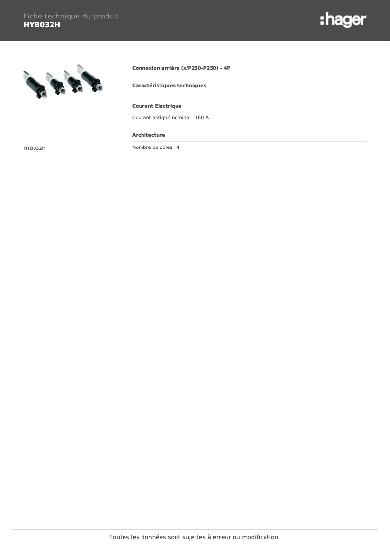 Page 1 de la notice Fiche technique Hager HYB032H