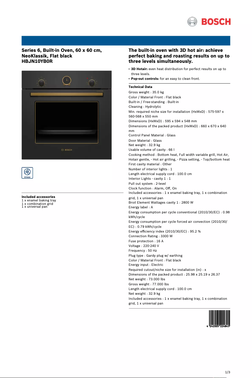 Page 1 de la notice Fiche technique Bosch HBJN10YB0R