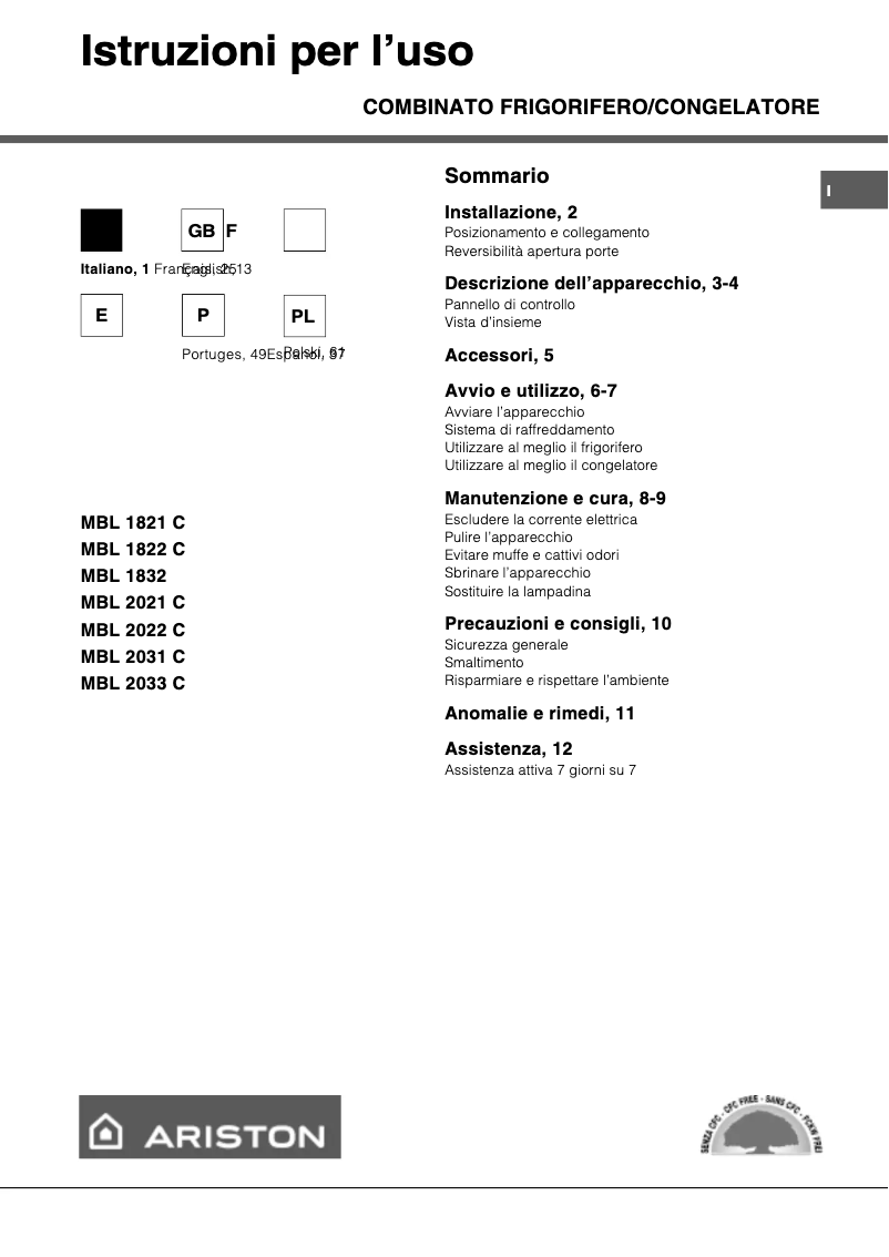 Page 1 de la notice Manuel utilisateur Hotpoint Ariston MBL 2031 C