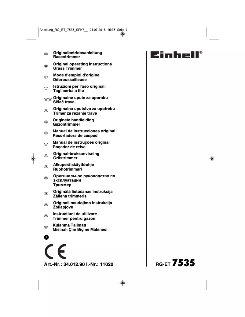 Page n°1 - Manuel utilisateur Einhell RG-ET 7535