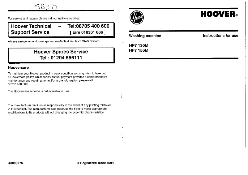 Page n°1 - Manuel utilisateur Hoover HF 7150M