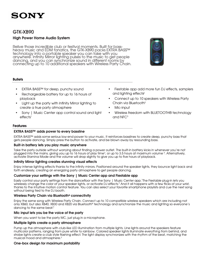 Page 1 de la notice Fiche technique Sony GTK-XB60