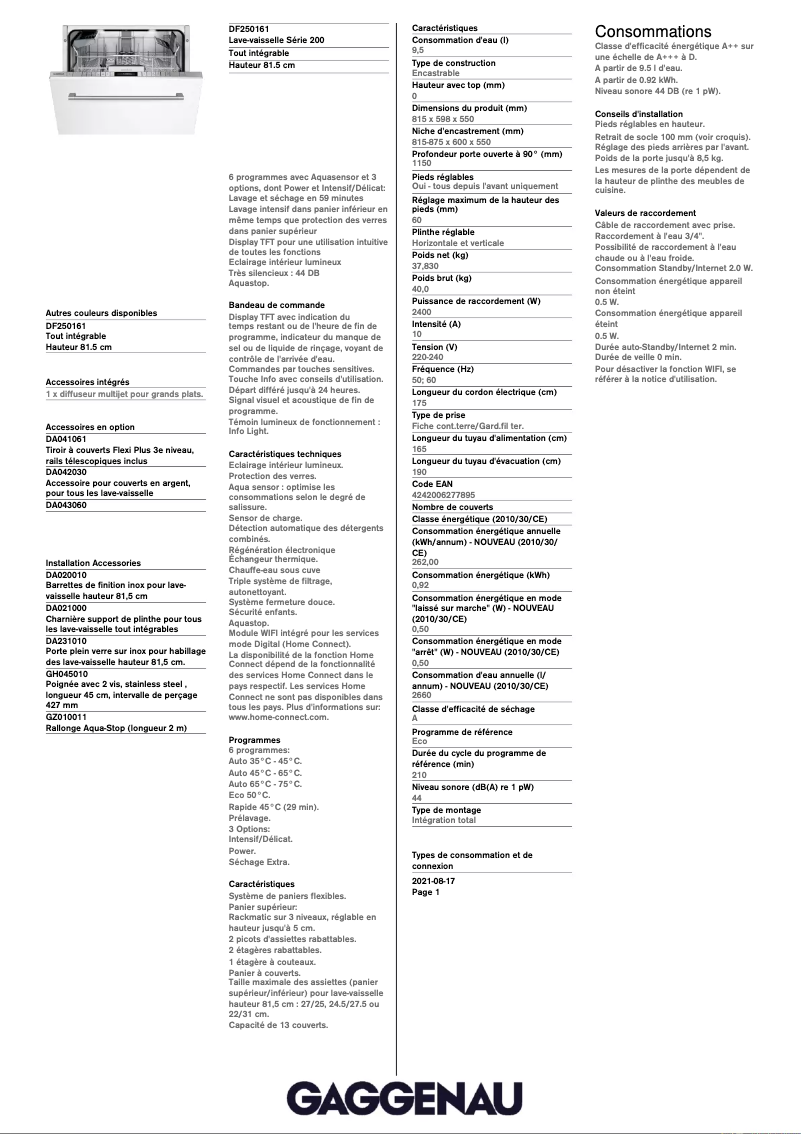 Page 1 de la notice Fiche technique Gaggenau DF250161