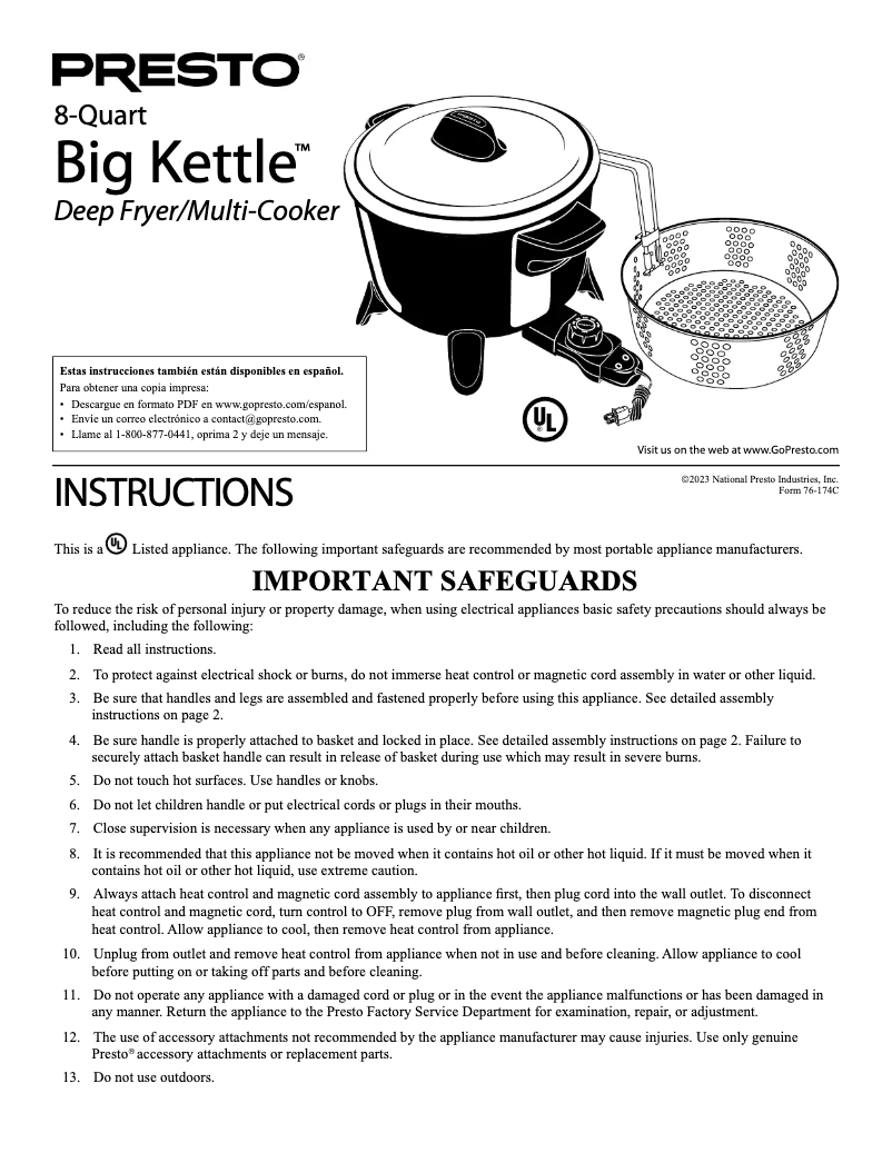 Page 1 de la notice Manuel utilisateur Presto Big Kettle 06008