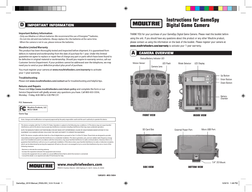 Page 1 de la notice Manuel utilisateur Moultrie Game Spy