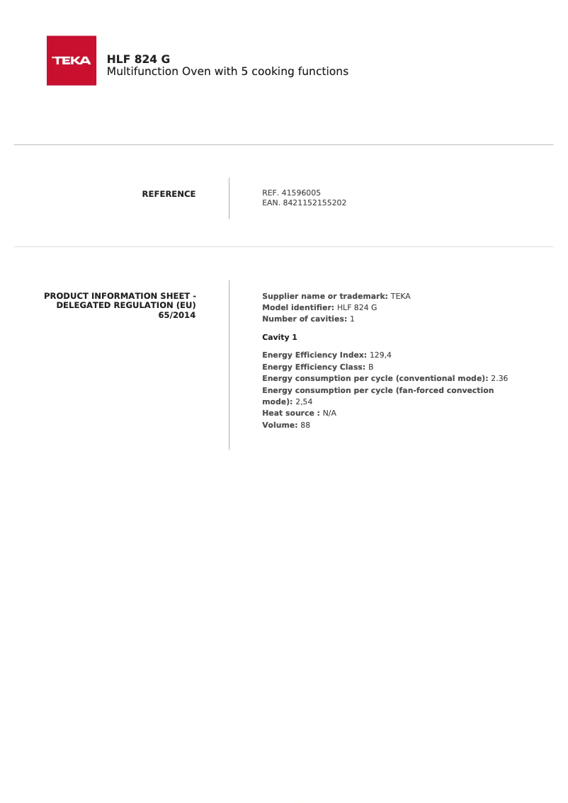 Page n°1 - Fiche technique Teka HLF 824 G