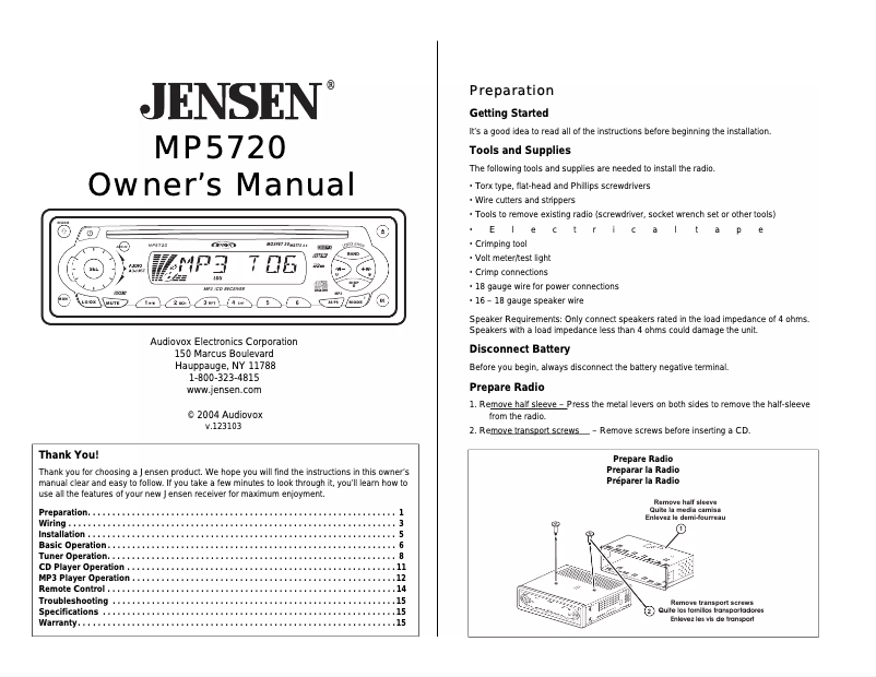 Page 1 de la notice Manuel utilisateur Jensen MP5720